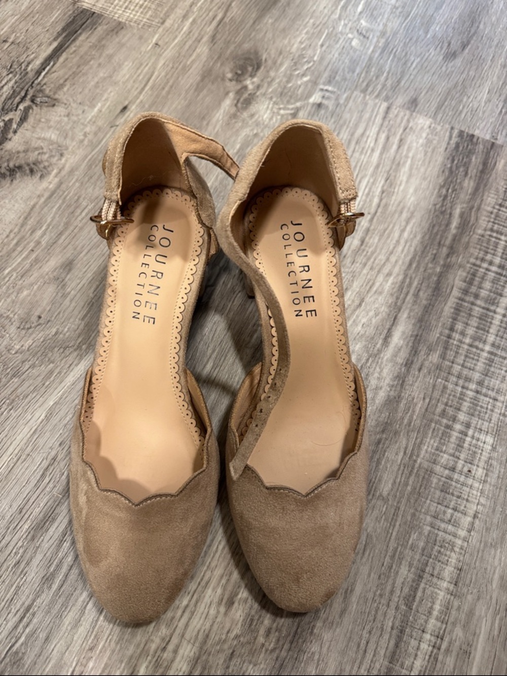 Journee Collection Tan Scalloped Suede Ankle Strap Pumps